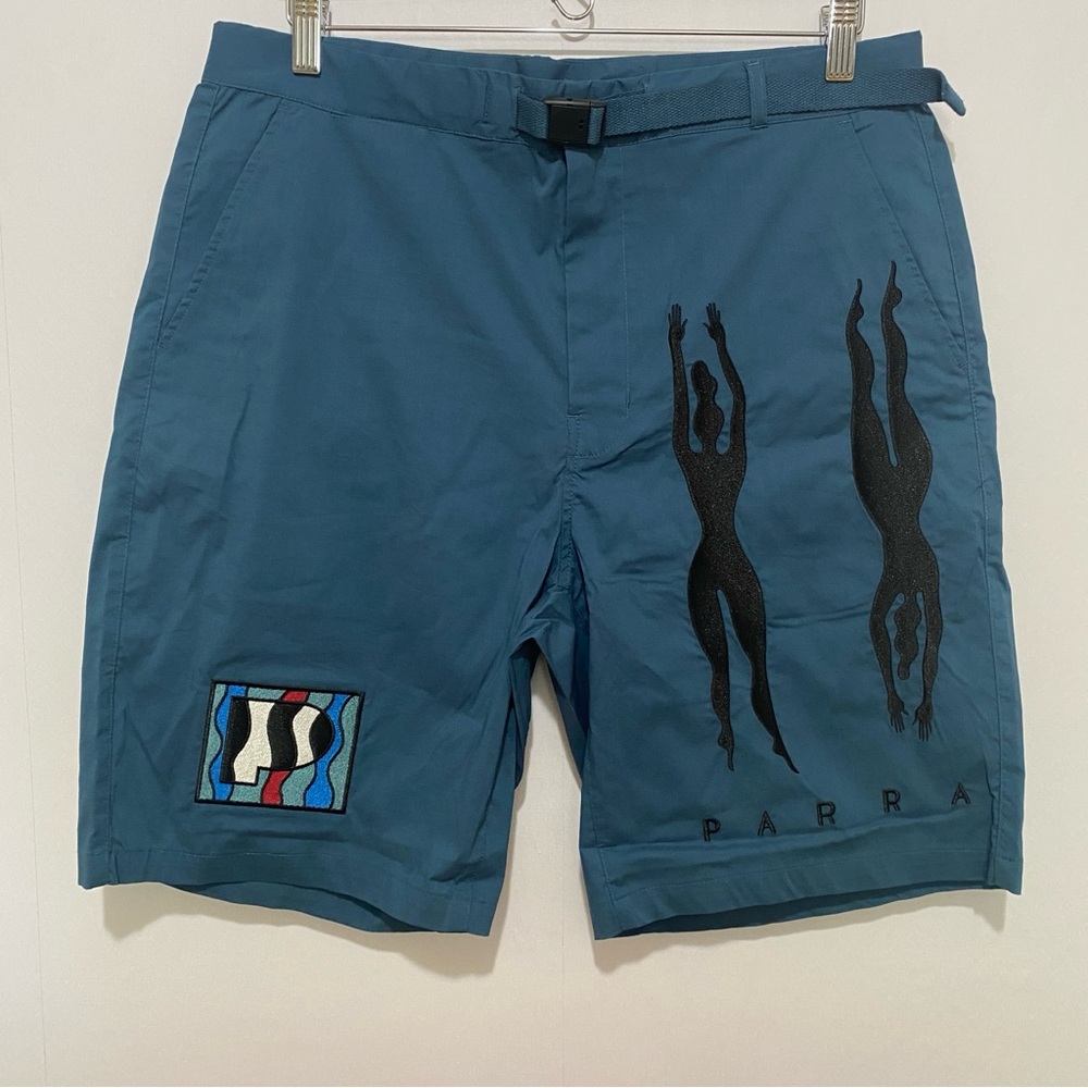 By Parra Men's Zebra Striped‎ Teal Shorts Size M Embroidered Casual New with Tag